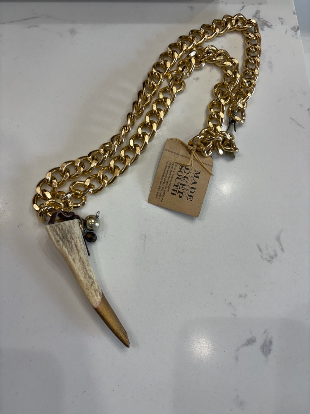Gold Chain Necklace with Natural Antler Pendant by